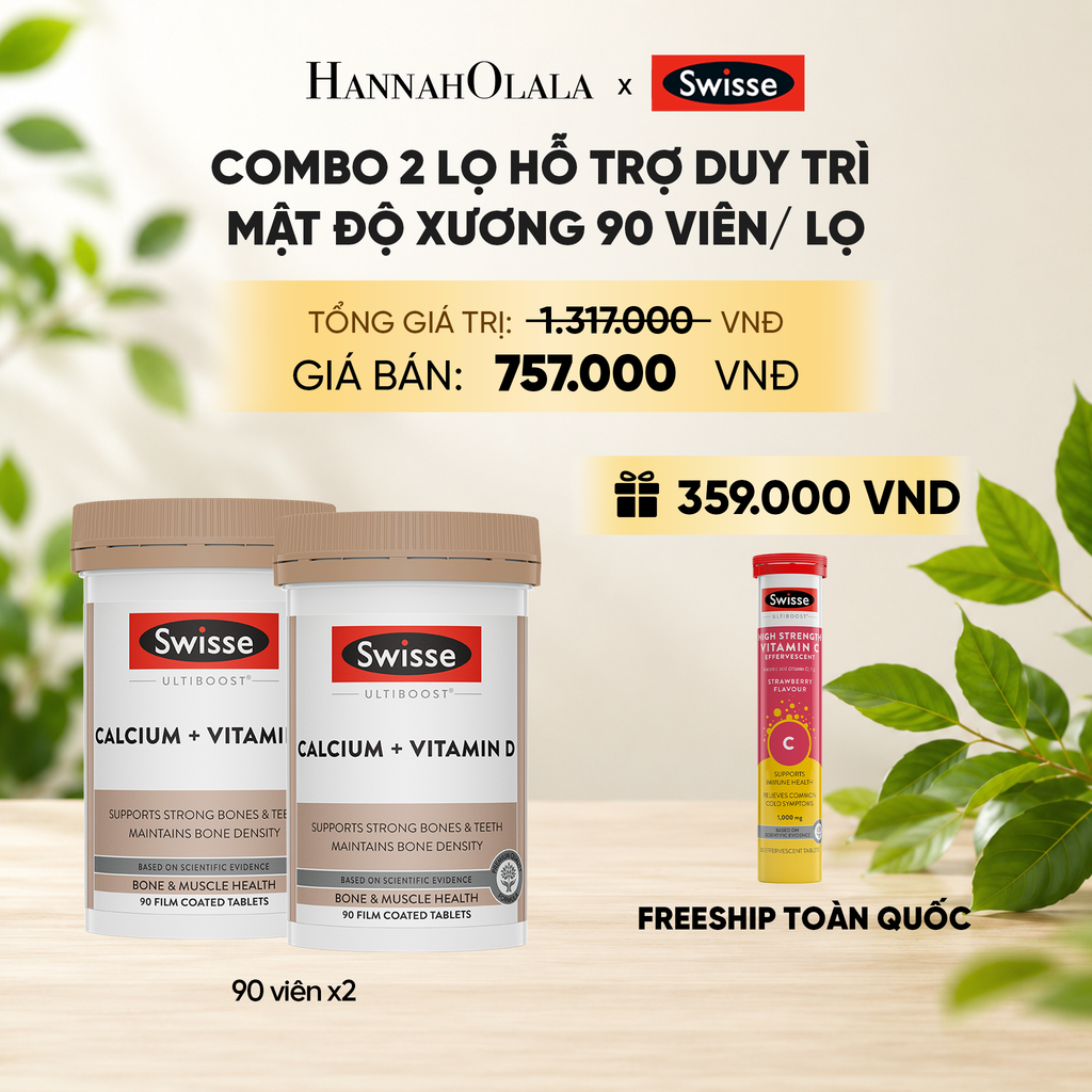  COMBO 2 LỌ HỖ TRỢ DUY TRÌ MẬT ĐỘ XƯƠNG SWISSE ULTIBOOST CALCIUM + VITAMIN D 90 VIÊN/ LỌ _ DEAL 9 