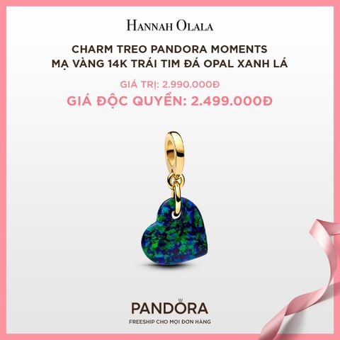  A76_DEAL 69: CHARM TREO PANDORA MOMENTS MẠ VÀNG 14K TRÁI TIM ĐÁ OPAL XANH LÁ 