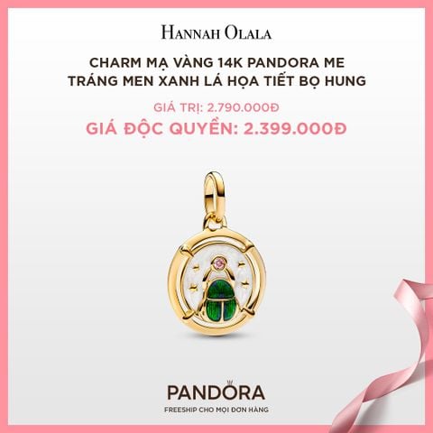  A82_DEAL 75: CHARM MẠ VÀNG 14K PANDORA ME TRÁNG MEN XANH LÁ HỌA TIẾT BỌ HUNG 