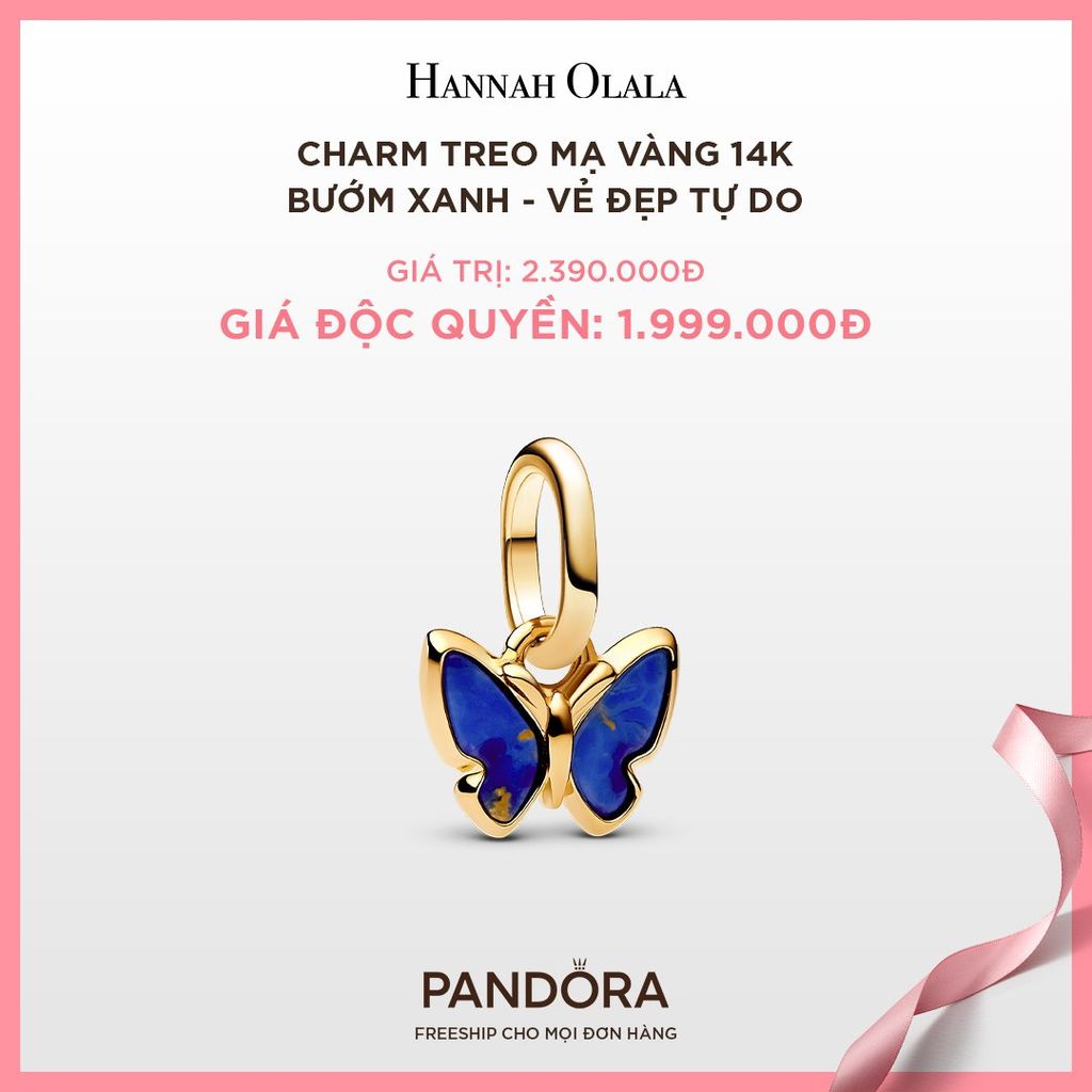  A88_DEAL 81: CHARM PANDORA TREO MẠ VÀNG 14K BƯỚM XANH - VẺ ĐẸP TỰ DO 