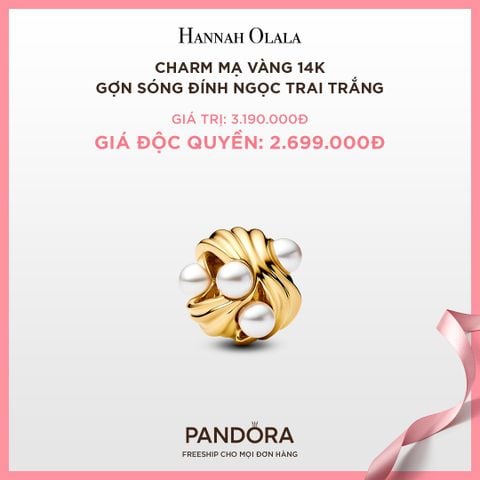  A91_DEAL 84: CHARM PANDORA MẠ VÀNG 14K GỢN SÓNG ĐÍNH NGỌC TRAI TRẮNG 