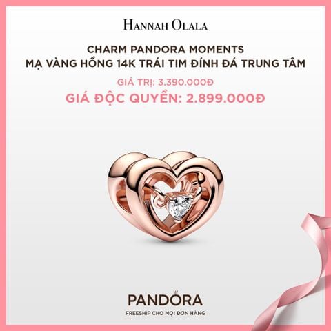  A31_DEAL 24: CHARM PANDORA MOMENTS MẠ VÀNG HỒNG 14K TRÁI TIM ĐÍNH ĐÁ TRUNG TÂM 