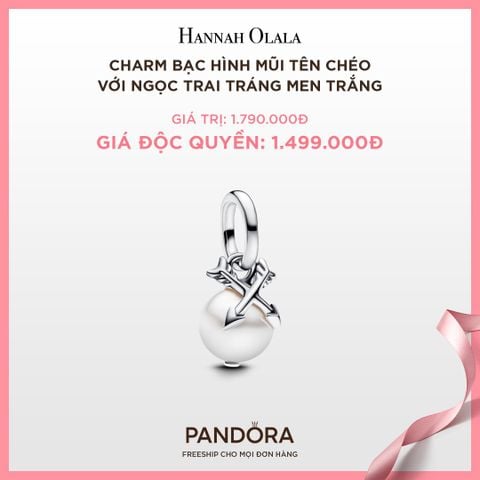  A111_DEAL 104: CHARM BẠC PANDORA HÌNH MŨI TÊN CHÉO VỚI NGỌC TRAI TRÁNG MEN TRẮNG 