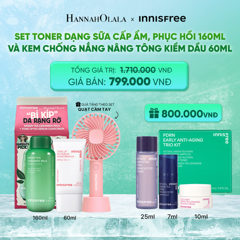  SET TONER DẠNG SỮA CẤP ẨM PHỤC HỒI INNISFREE GREEN TEA CERAMIDE MILK 160ML VÀ KEM CHỐNG NẮNG NÂNG TÔNG KIỀM DẦU INNISFREE TONE UP NO SEBUM EX SPF 50+ PA++++ 60 ML_K208 