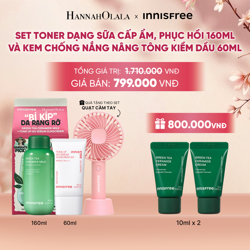  SET TONER DẠNG SỮA CẤP ẨM PHỤC HỒI INNISFREE GREEN TEA CERAMIDE MILK 160ML VÀ KEM CHỐNG NẮNG NÂNG TÔNG KIỀM DẦU INNISFREE TONE UP NO SEBUM EX SPF 50+ PA++++ 60 ML - A1746 