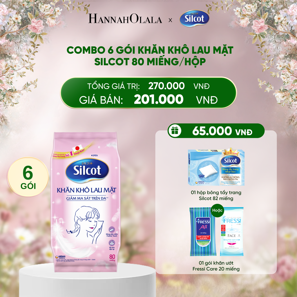  DEAL 7: COMBO 6 GÓI KHĂN KHÔ LAU MẶT SILCOT 80 MIẾNG/HỘP 