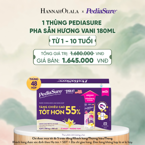  1 THÙNG PEDIASURE PHA SẴN HƯƠNG VANI 180ML (DÙNG CHO BÉ 1-10 TUỔI) - A1588 