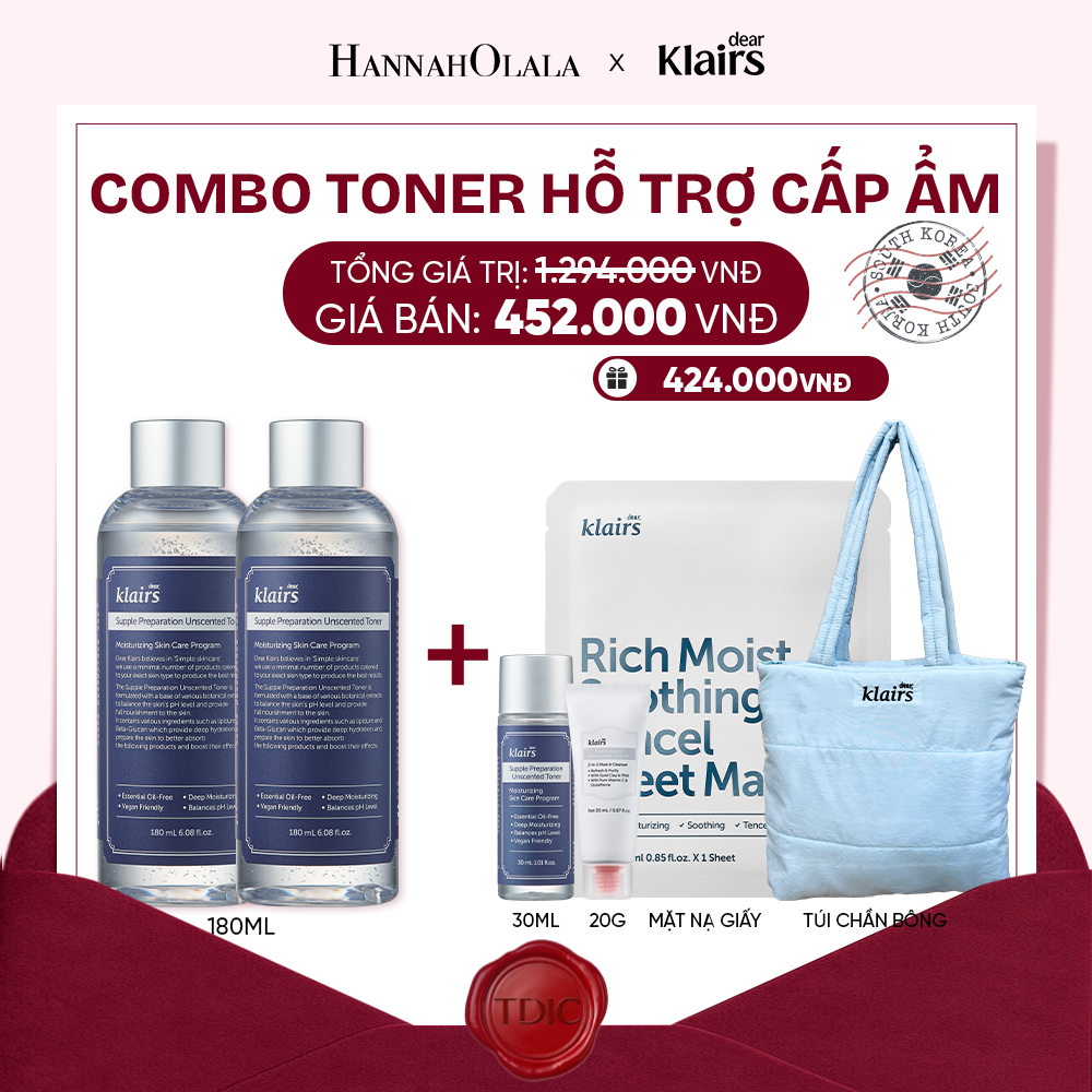 COMBO 2 DEAR, KLAIRS NƯỚC HOA HỒNG SUPPLE PREPARATION UNSCENTED TONER 180ML_M84 