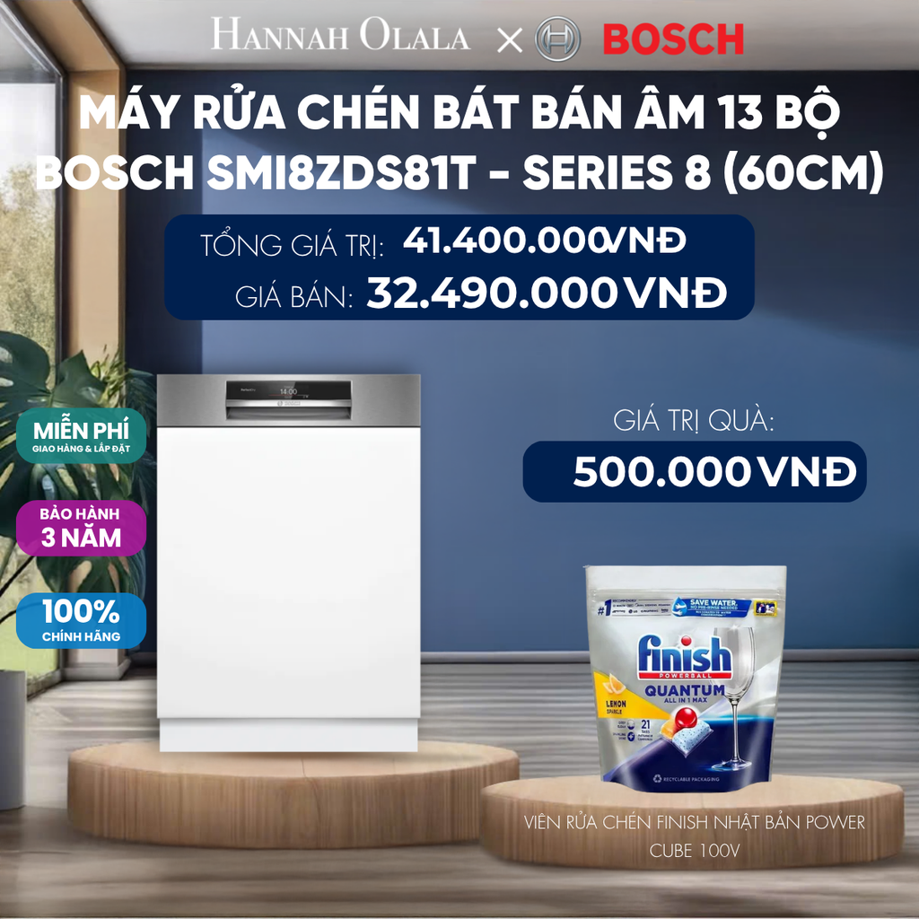  MÁY RỬA CHÉN BÁT BÁN ÂM 13 BỘ BOSCH SMI8ZDS81T - SERIES 8 (60CM) 