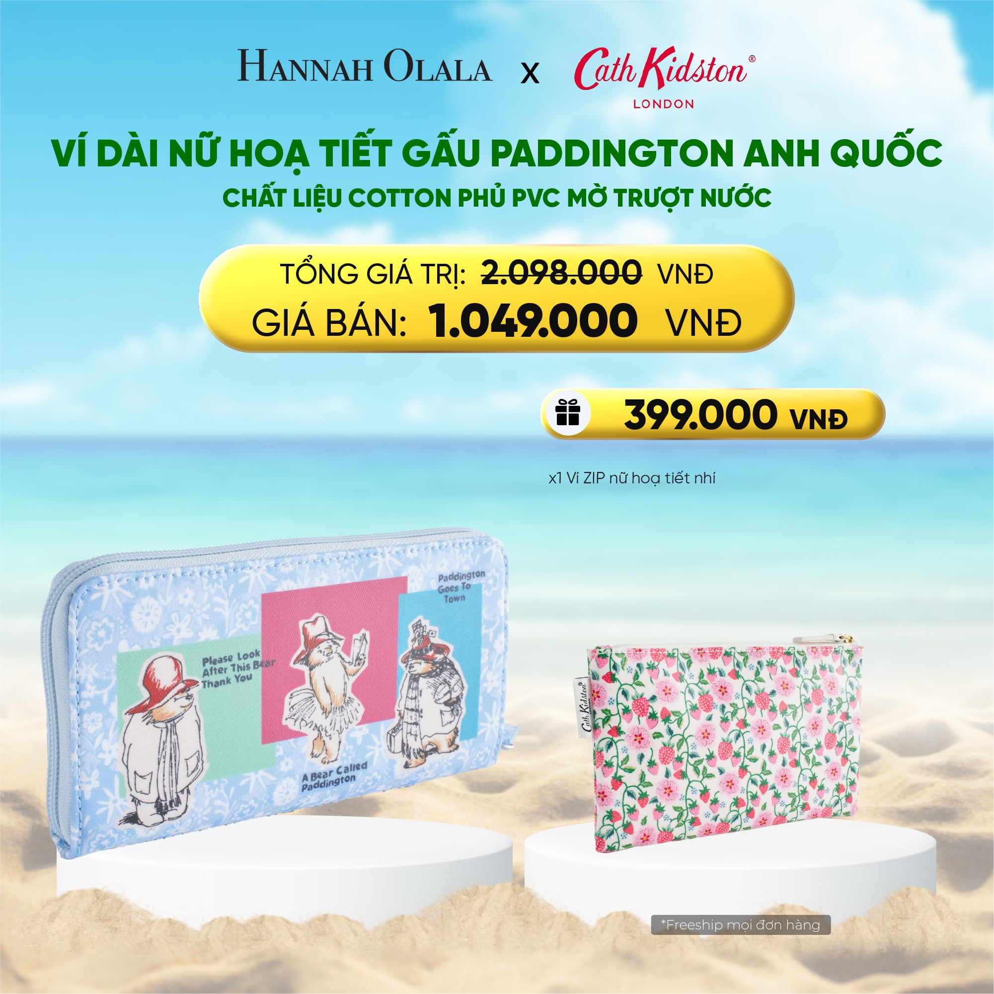 Ví Dài Nữ Cath Kidston Gấu Paddington Chất Liệu Cotton Phủ PVC Mờ Trượt Nước - Hannah Olala