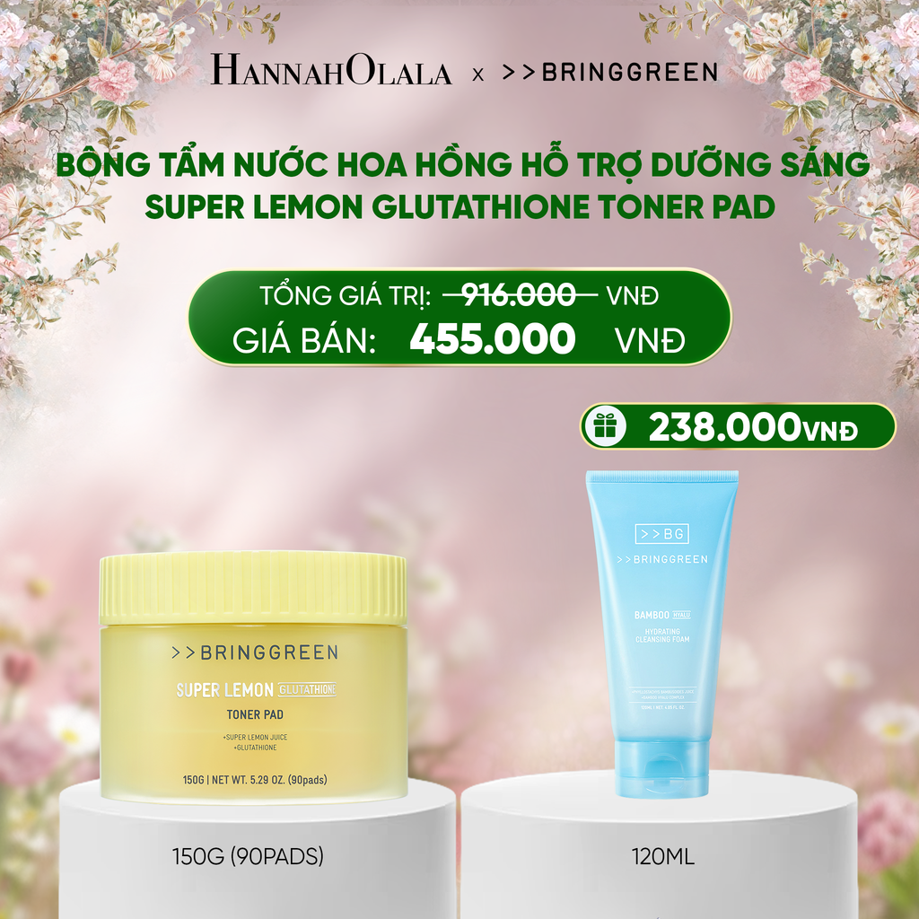  DEAL 8: BÔNG TẨM NƯỚC HOA HỒNG HỖ TRỢ DƯỠNG SÁNG BRING GREEN SUPER LEMON GLUTATHIONE TONER PAD 150G (90 MIẾNG) 