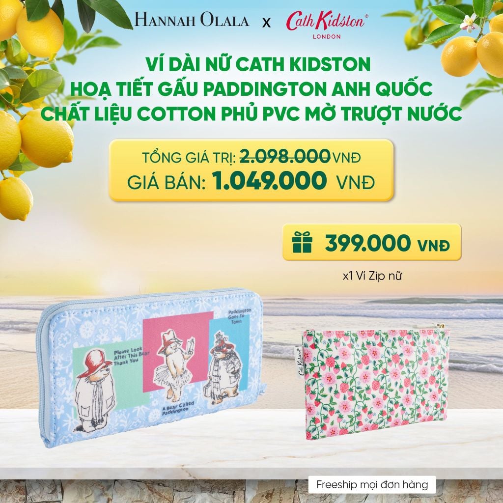  VÍ DÀI NỮ CATH KIDSTON HOẠ TIẾT GẤU PADDINGTON ANH QUỐC CHẤT LIỆU COTTON PHỦ PVC MỜ TRƯỢT NƯỚC - A1124 