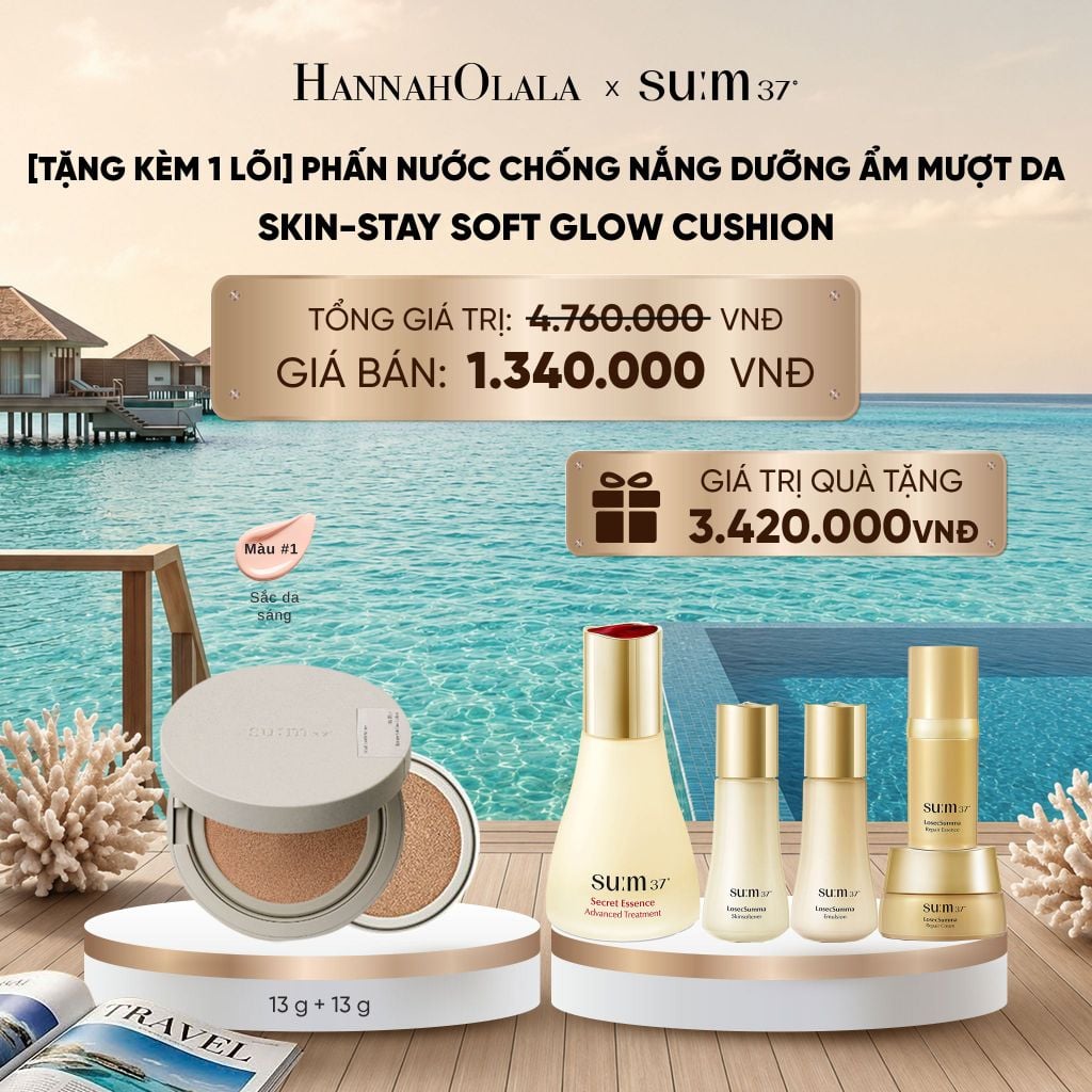 [TẶNG KÈM 1 LÕI] PHẤN NƯỚC CHỐNG NẮNG DƯỠNG ẨM MƯỢT DA SUM37 SKIN-STAY SOFT GLOW CUSHION - MÀU 02_ D1869 