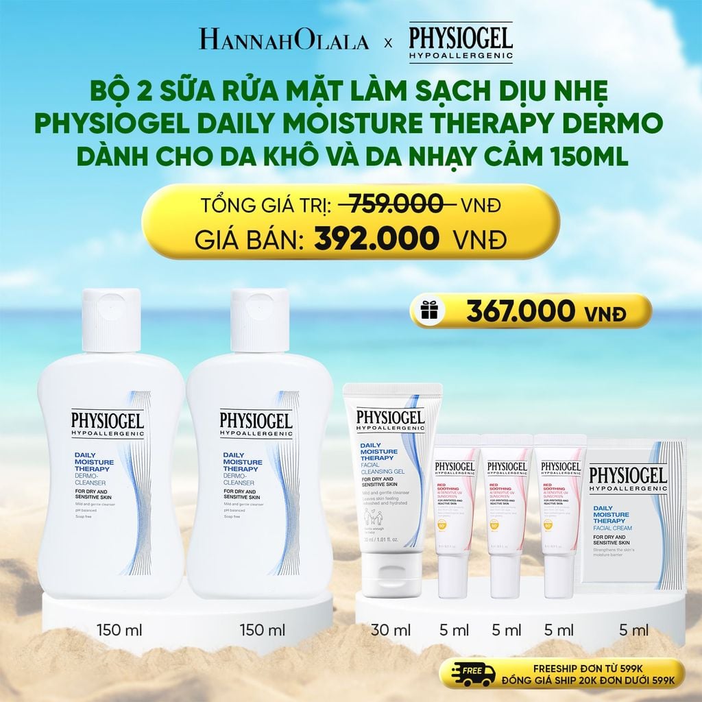  DEAL 7: BỘ 2 SỮA RỬA MẶT LÀM SẠCH DỊU NHẸ PHYSIOGEL DAILY MOISTURE THERAPY DERMO DÀNH CHO DA KHÔ VÀ DA NHẠY CẢM 150ML 