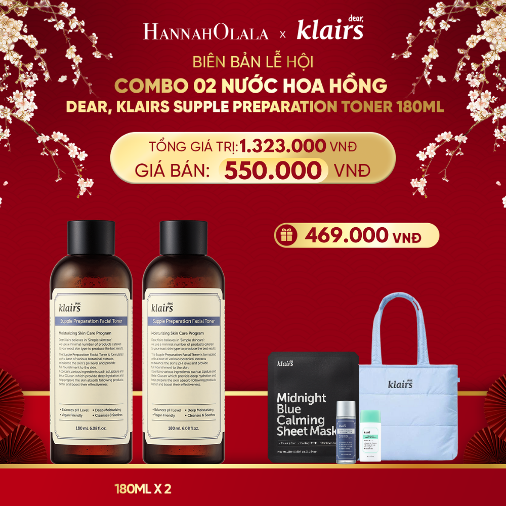  DEAL 6 : COMBO 2 DEAR, KLAIRS NƯỚC HOA HỒNG SUPPLE PREPARATION UNSCENTED TONER 180ML 