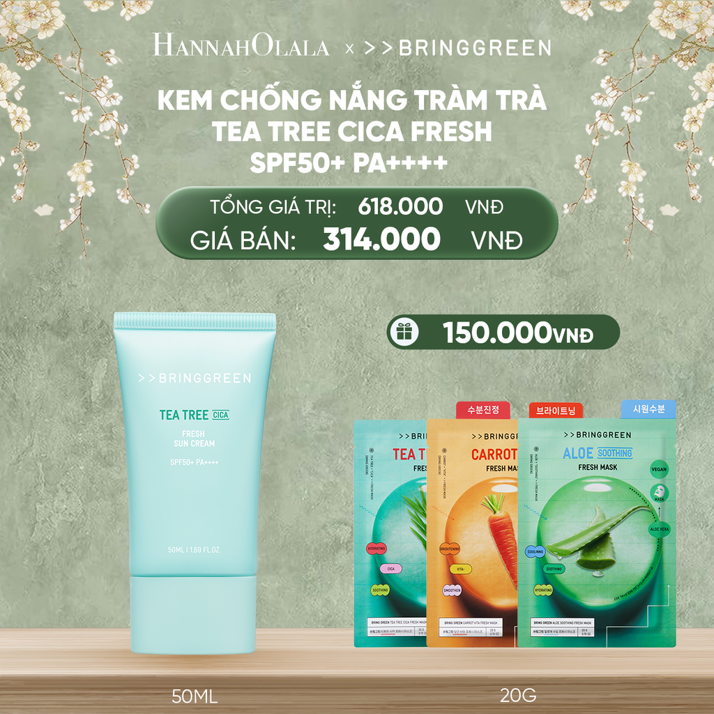  DEAL 3: KEM CHỐNG NẮNG TRÀM TRÀ BRING GREEN TEA TREE CICA FRESH SUN CREAM SPF50+ PA++++ 50ML 
