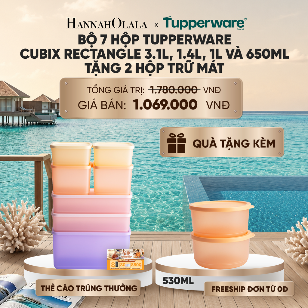 BỘ 7 HỘP ĐỰNG THỰC PHẨM TUPPERWARE TRỮ KHÔ VÀ MÁT CUBIX RECTANGLE 3.1L, 1.4L, 1L VÀ 650ML TẶNG 2 HỘP TRỮ MÁT_ D2152 