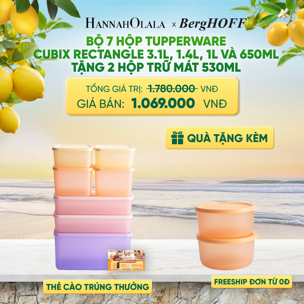  BỘ 7 HỘP ĐỰNG THỰC PHẨM TUPPERWARE TRỮ KHÔ VÀ MÁT CUBIX RECTANGLE 3.1L, 1.4L, 1L VÀ 650ML TẶNG 2 HỘP TRỮ MÁT - DEAL 52 