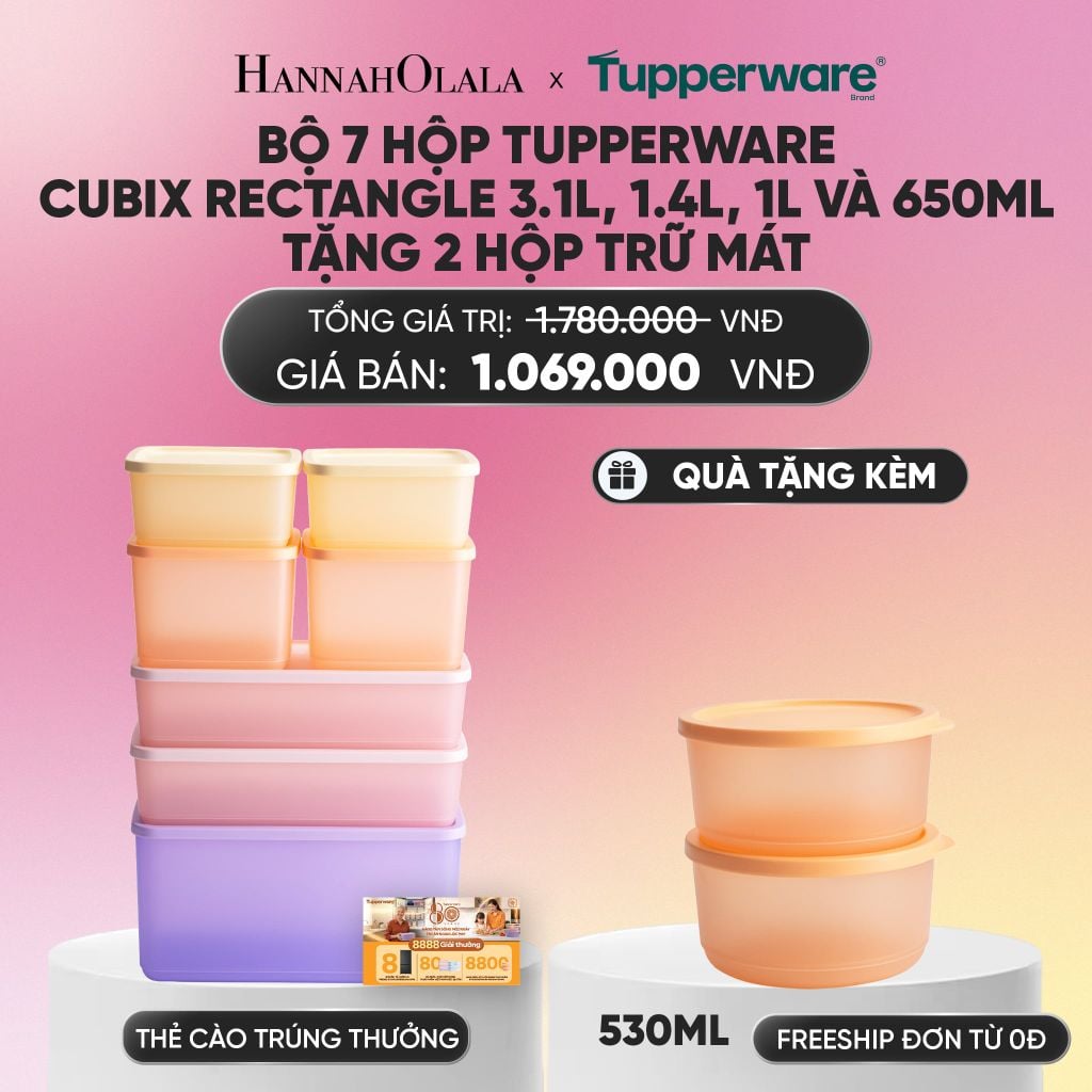  BỘ 7 HỘP ĐỰNG THỰC PHẨM TUPPERWARE TRỮ KHÔ VÀ MÁT CUBIX RECTANGLE 3.1L, 1.4L, 1L VÀ 650ML TẶNG 2 HỘP TRỮ MÁT_A307 