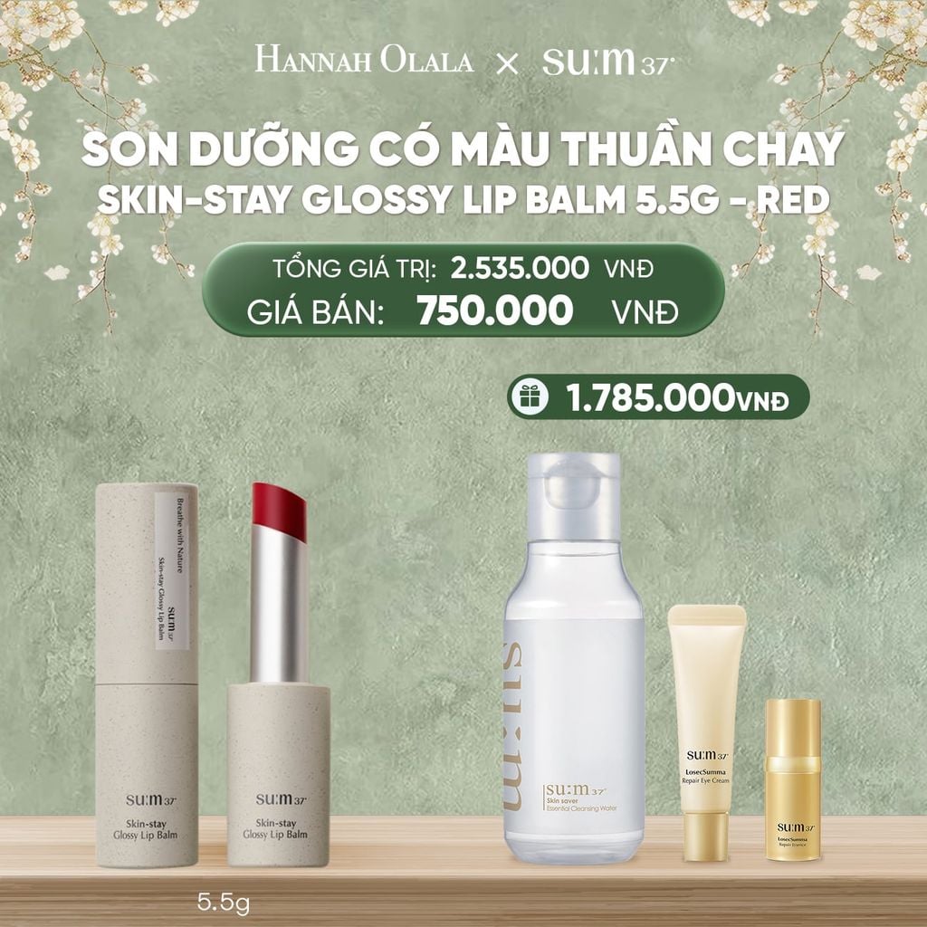  DEAL32: SON DƯỠNG CÓ MÀU THUẦN CHAY SU:M37 SKIN-STAY GLOSSY LIP BALM 5.5G - RED 