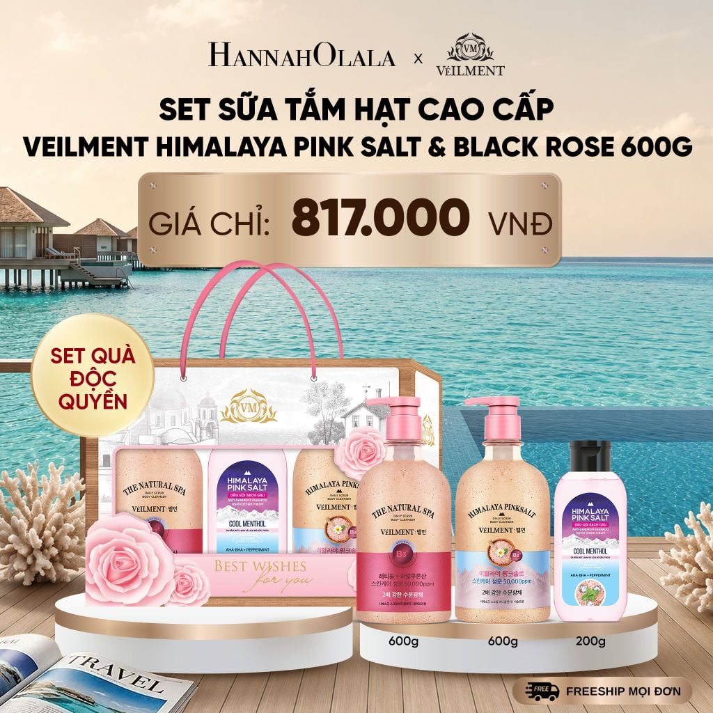  SET ĐỘC QUYỀN- SỮA TẮM HẠT CAO CẤP VEILMENT HIMALAYA PINK SALT & BLACKROSE 600G _ DEAL 44_ D1995 