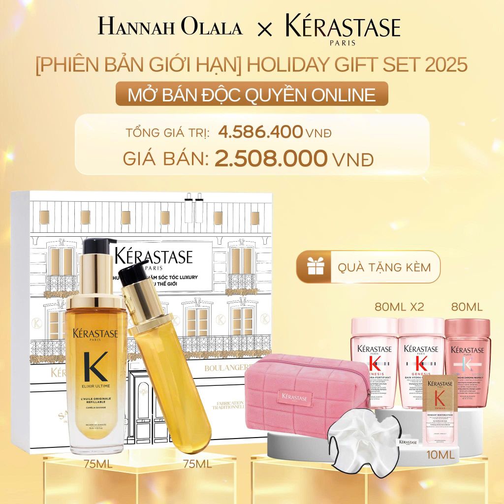 DEAL 11: [PHIÊN BẢN GIỚI HẠN ] HOLIDAY GIFT BOX KÉRASTASE 2025 - COMBO DẦU DƯỠNG TÓC KÈM LÕI REFILL ELIXIR ULTIME KÉRASTASE 75ML 