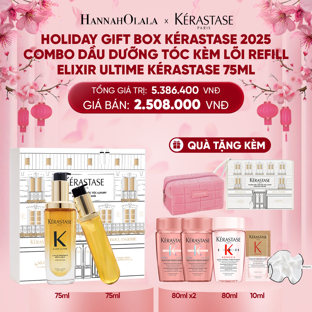  DEAL 10: [PHIÊN BẢN GIỚI HẠN ] HOLIDAY GIFT BOX KÉRASTASE 2025 - COMBO DẦU DƯỠNG TÓC KÈM LÕI REFILL ELIXIR ULTIME KÉRASTASE 75ML 