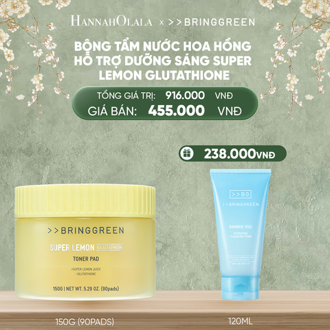  DEAL 8: BÔNG TẨM NƯỚC HOA HỒNG HỖ TRỢ DƯỠNG SÁNG BRING GREEN SUPER LEMON GLUTATHIONE TONER PAD 150G (90 MIẾNG) 