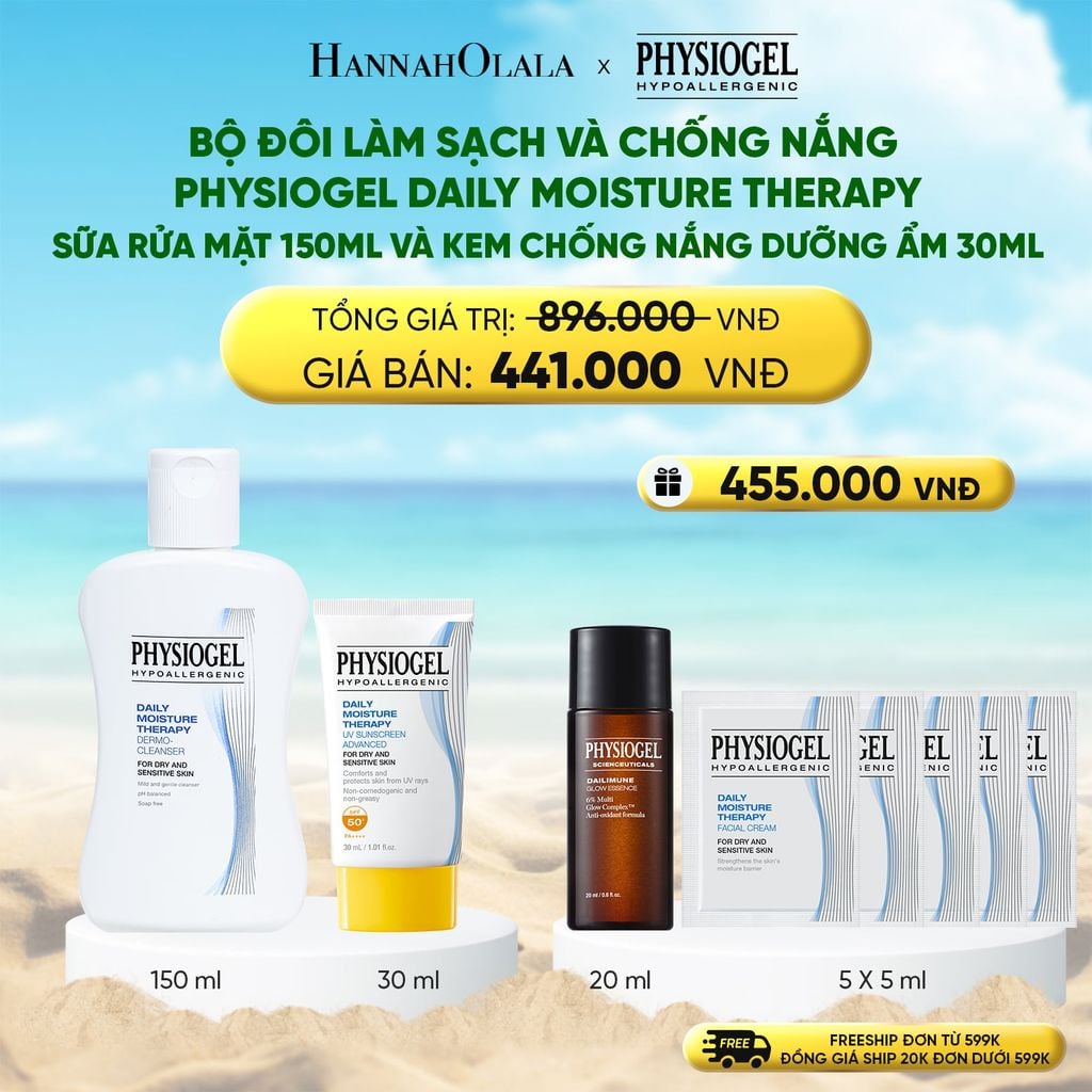  DEAL 8: BỘ ĐÔI LÀM SẠCH VÀ CHÔNG NẮNG PHYSIOGEL DAILY MOISTURE THERAPY: SỮA RỬA MẶT 150ML VÀ KEM CHỐNG NẮNG DƯỠNG ẨM 30ML 