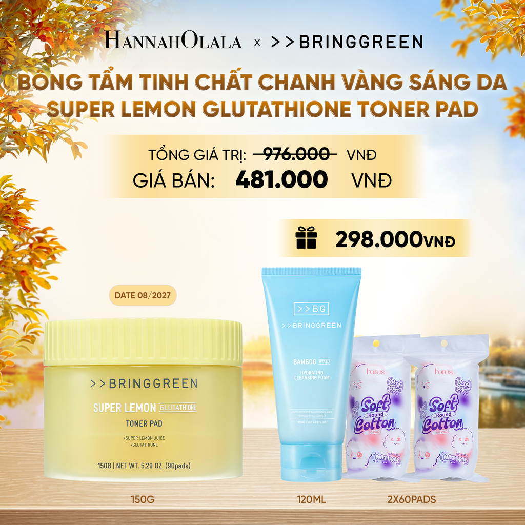  BÔNG TẨM NƯỚC HOA HỒNG HỖ TRỢ DƯỠNG SÁNG BRING GREEN SUPER LEMON GLUTATHIONE TONER PAD 150G (90 MIẾNG) - E530 