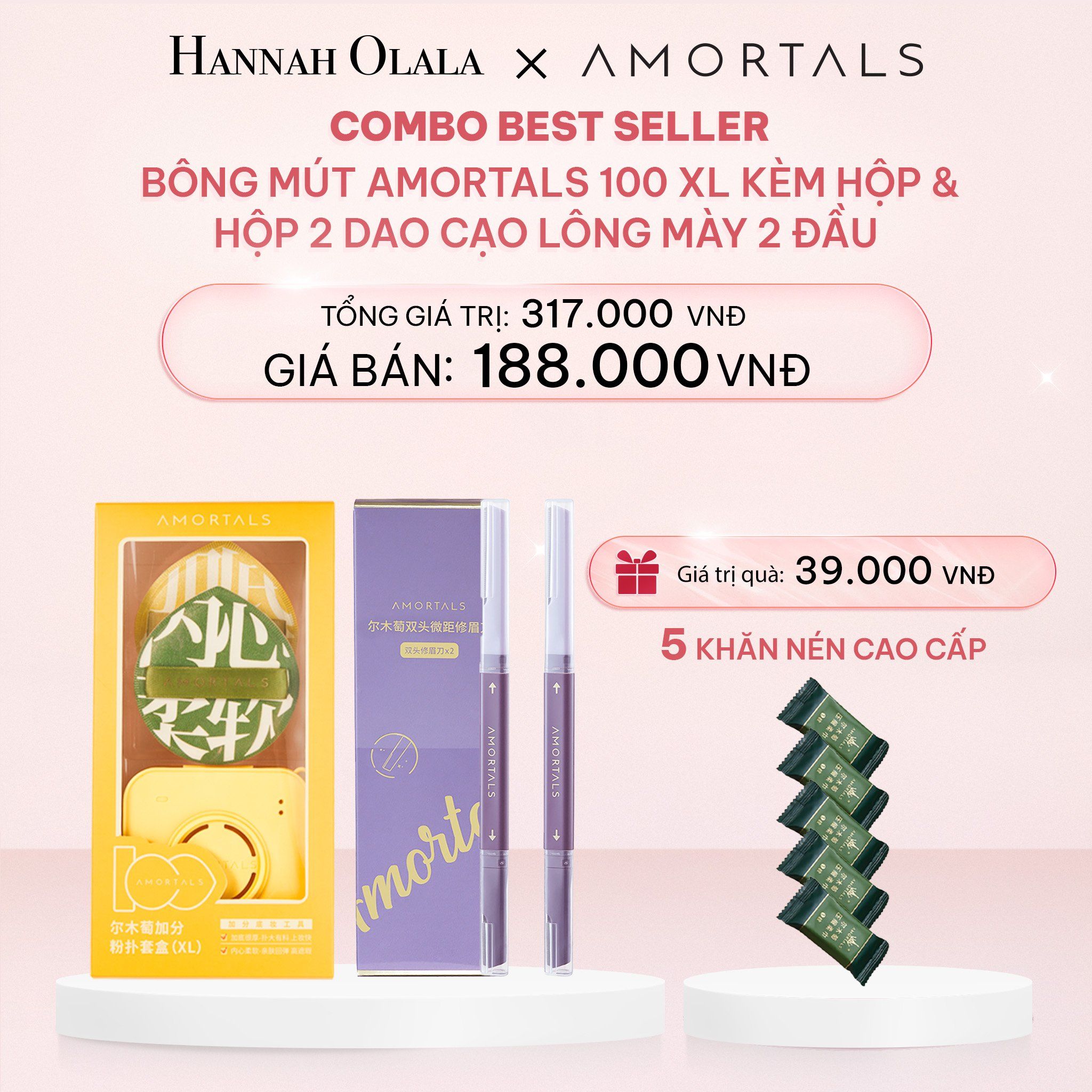  E2_DEAL 8: COMBO BEST SELLER BÔNG MÚT AMORTALS 100 XL KÈM HỘP & HỘP 2 DAO CẠO LÔNG MÀY 2 ĐẦU CHUYÊN DỤNG AMORTALS 
