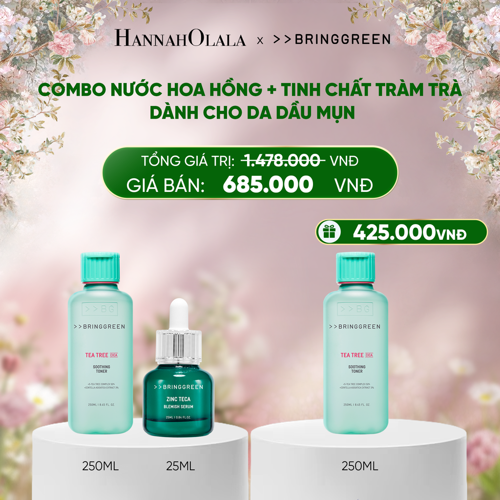  DEAL 9: COMBO NƯỚC HOA HỒNG TRÀM TRÀ BRING GREEN TEA TREE CICA SOOTHING TONER 250ML + TINH CHẤT TRÀM TRÀ BRING GREEN ZINC TECA BLEMISH SERUM DÀNH CHO DA DẦU MỤN 25ML 
