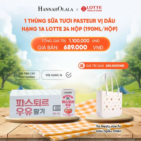  DEAL 2: 1 THÙNG SỮA TƯƠI PASTEUR VỊ DÂU HẠNG 1A LOTTE 24 HỘP (190ml/hộp) TẶNG 5 HỘP SỮA TƯƠI LOTTE CHUỐI 