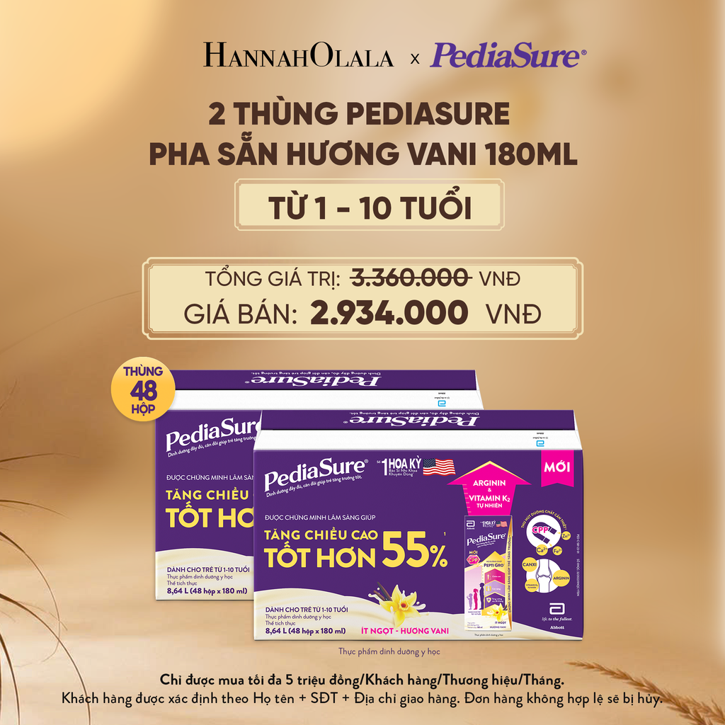  2 THÙNG PEDIASURE PHA SẴN HƯƠNG VANI 180ML (DÙNG CHO BÉ 1-10 TUỔI) - E259 