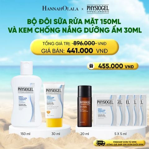  A585_DEAL 8: BỘ ĐÔI LÀM SẠCH VÀ CHÔNG NẮNG PHYSIOGEL DAILY MOISTURE THERAPY: SỮA RỬA MẶT 150ML VÀ KEM CHỐNG NẮNG DƯỠNG ẨM 30ML 