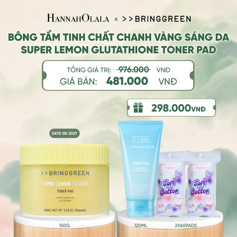  BÔNG TẨM NƯỚC HOA HỒNG HỖ TRỢ DƯỠNG SÁNG BRING GREEN SUPER LEMON GLUTATHIONE TONER PAD 150G (90 MIẾNG) - A1431 