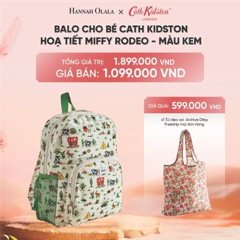  DEAL 9 : BA LÔ CHO BÉ - BALO COTTON PHỦ PVC CHỐNG THẤM NƯỚC PHONG CÁCH ANH QUỐC - MIFFY RODEO - ECRU 