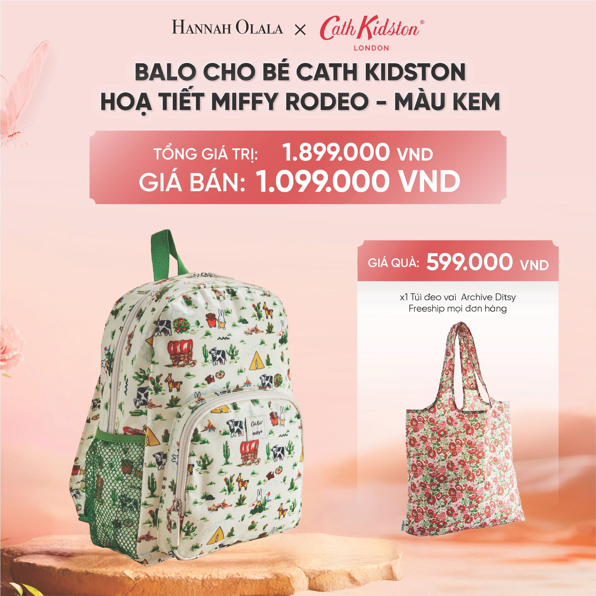  DEAL 9 : BA LÔ CHO BÉ - BALO COTTON PHỦ PVC CHỐNG THẤM NƯỚC PHONG CÁCH ANH QUỐC - MIFFY RODEO - ECRU 