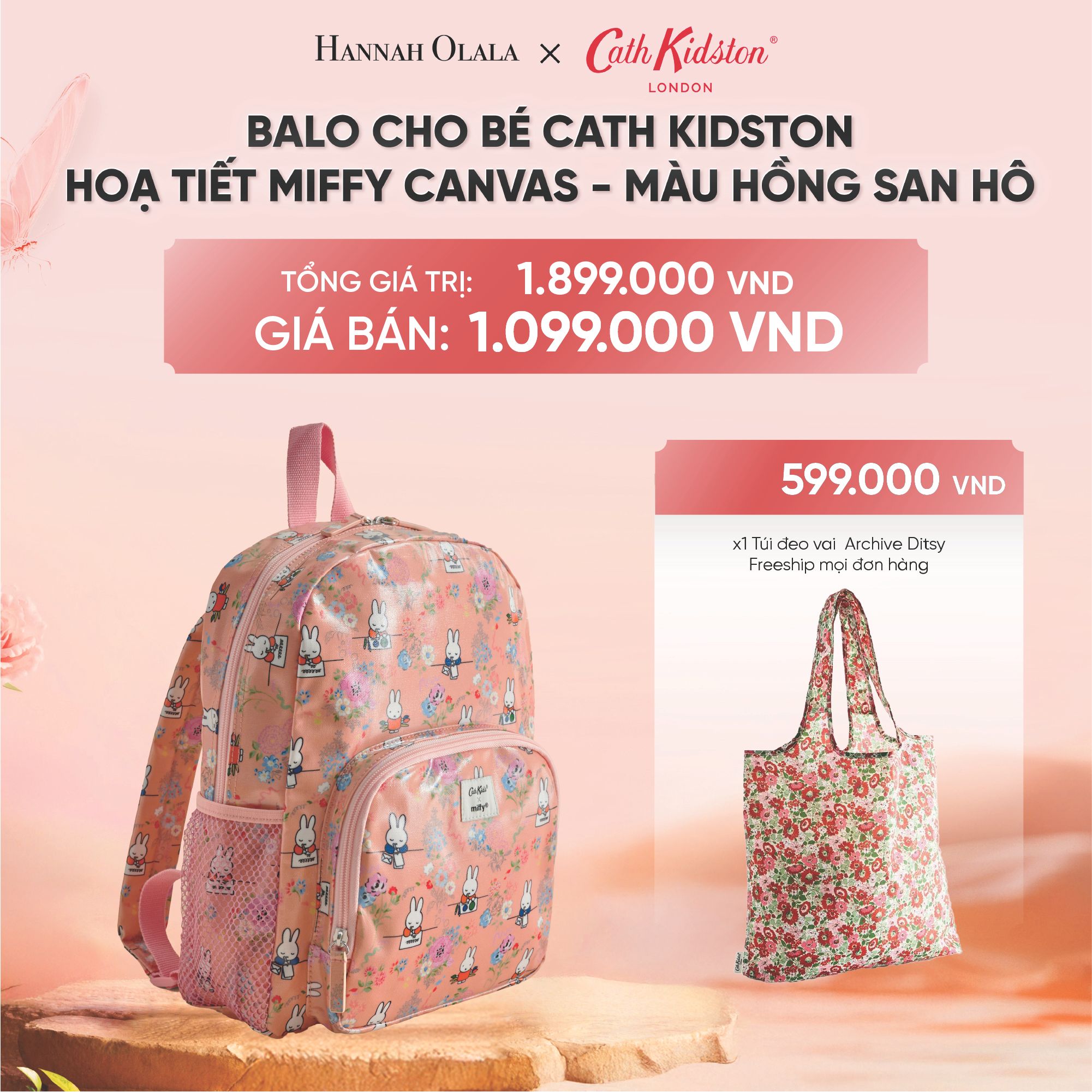  DEAL 9 : BA LÔ CHO BÉ - BALO COTTON PHỦ PVC CHỐNG THẤM NƯỚC PHONG CÁCH ANH QUỐC - MIFFY RODEO - ECRU 