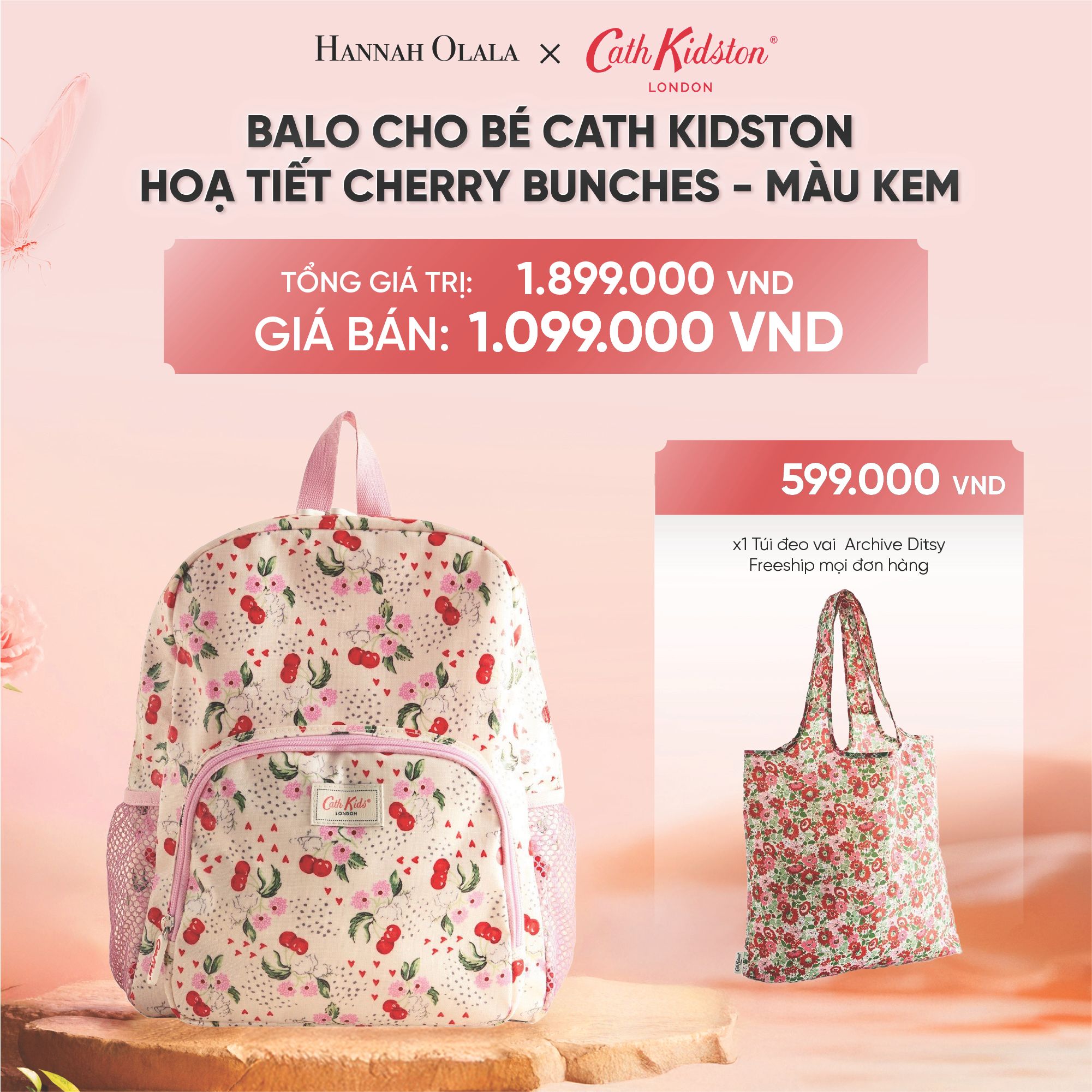  DEAL 9 : BA LÔ CHO BÉ - BALO COTTON PHỦ PVC CHỐNG THẤM NƯỚC PHONG CÁCH ANH QUỐC - MIFFY RODEO - ECRU 