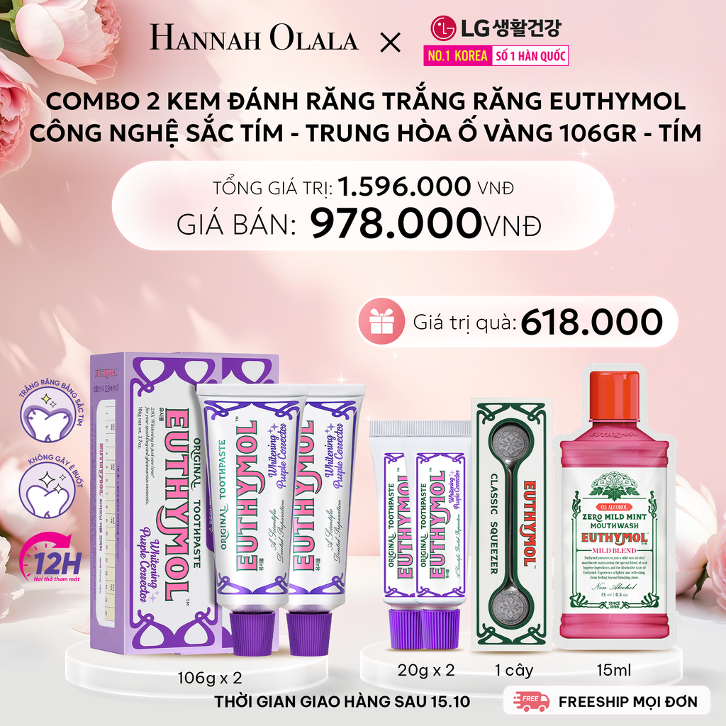  E1049: DEAL 20: [PRE-ORDER GIAO SAU 15/10] COMBO 2 KEM ĐÁNH RĂNG TRẮNG RĂNG EUTHYMOL CÔNG NGHỆ SẮC TÍM - TRUNG HÒA Ố VÀNG 106GR - TÍM 