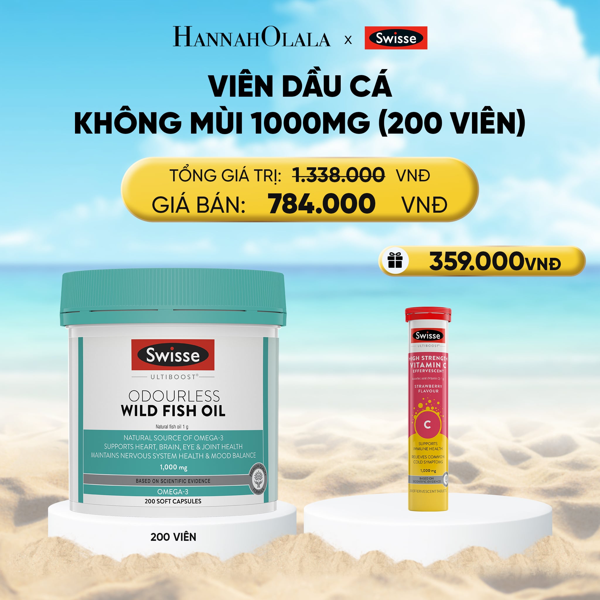 Combo Dầu Cá Swisse Ultiboost Odourless Wild Fish Oil 1000mg 200 viên/lọ