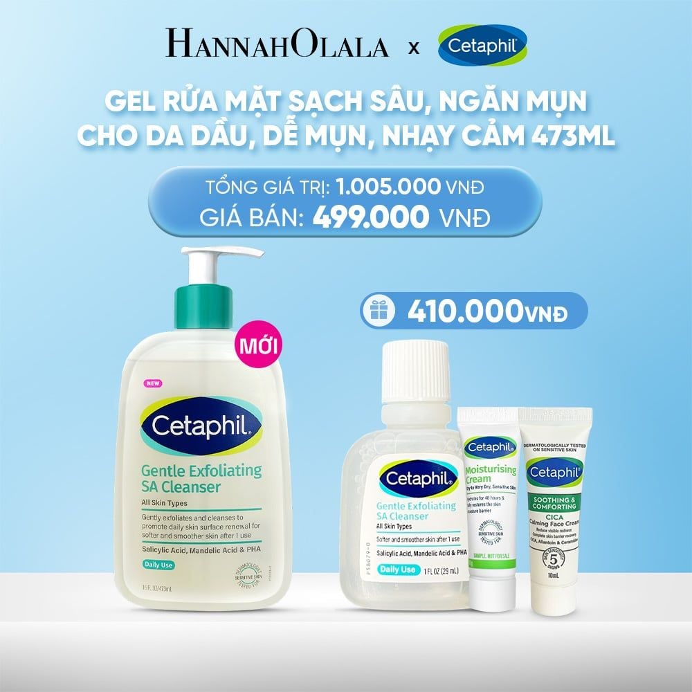  DEAL 2: MỚI - GEL RỬA MẶT LÀM SẠCH DẦU NHỜN, NGĂN MỤN CHO DA DẦU NHẠY CẢM CETAPHIL GENTLE EXFOLIATING SA CLEANSER 473ML 