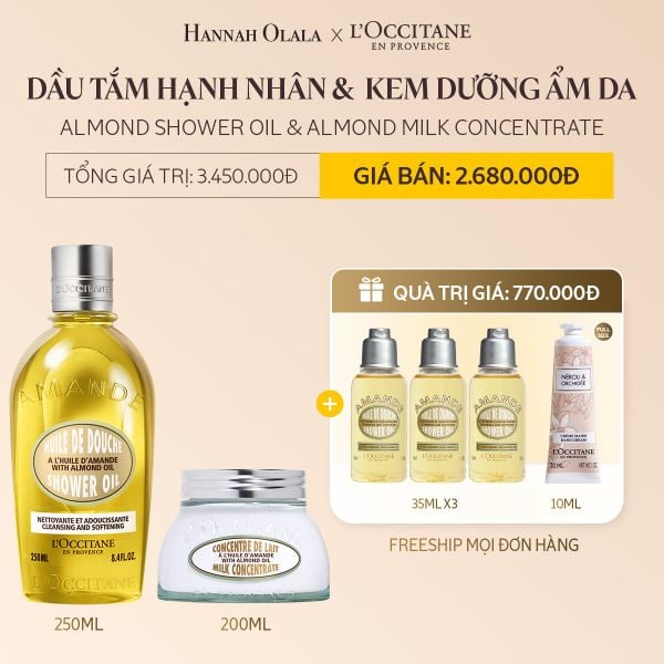 DEAL 9: COMBO DẦU TẮM HẠNH NHÂN ALMOND SHOWER OIL 250ML VÀ KEM DƯỠNG ẨM SĂN CHẮC DA HẠNH NHÂN ALMOND MILK CONCENTRATE 200ML 