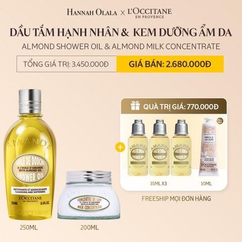 DEAL 9: COMBO DẦU TẮM HẠNH NHÂN ALMOND SHOWER OIL 250ML VÀ KEM DƯỠNG ẨM SĂN CHẮC DA HẠNH NHÂN ALMOND MILK CONCENTRATE 200ML 