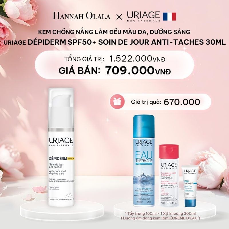  E32: DEAL 7: KEM CHỐNG NẮNG, LÀM ĐỀU MÀU DA, DƯỠNG SÁNG URIAGE DÉPIDERM SPF50+ SOIN DE JOUR ANTI-TACHES 30ml 