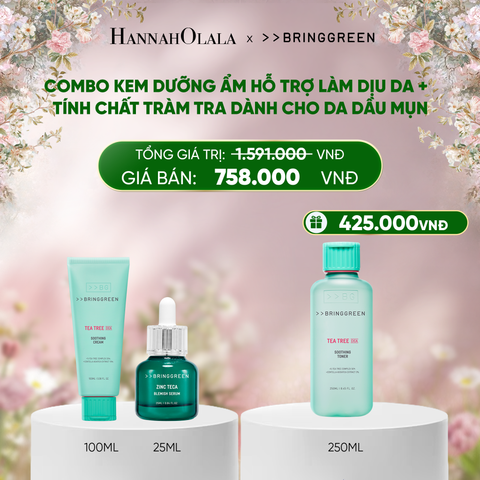 DEAL 10: COMBO KEM DƯỠNG ẨM HỖ TRỢ LÀM DỊU DA TRÀM TRÀ BRING GREEN TEA TREE CICA SOOTHING CREAM 100ML + TINH CHẤT TRÀM TRÀ BRING GREEN ZINC TECA BLEMISH SERUM DÀNH CHO DA DẦU MỤN 25ML 