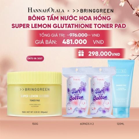 BÔNG TẨM NƯỚC HOA HỒNG HỖ TRỢ DƯỠNG SÁNG BRING GREEN SUPER LEMON GLUTATHIONE TONER PAD 150G (90 MIẾNG) - A1531 