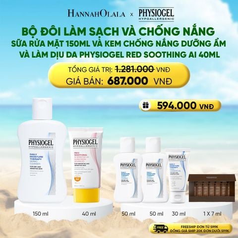  DEAL 9: BỘ ĐÔI LÀM SẠCH VÀ CHỐNG NẮNG PHYSIOGEL: SỮA RỬA MẶT 150ML VÀ KEM CHỐNG NẮNG DƯỠNG ẨM VÀ LÀM DỊU DA PHYSIOGEL RED SOOTHING AI 40ML 