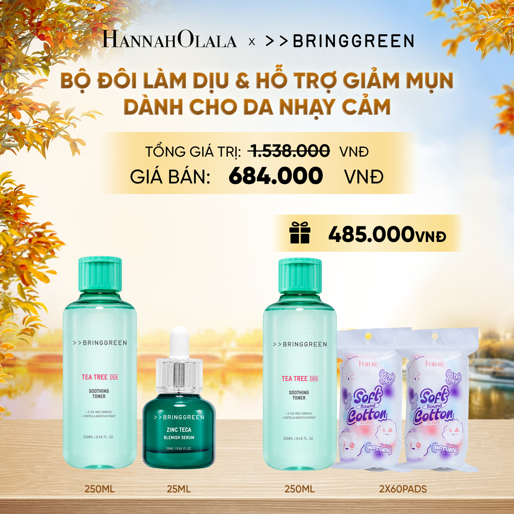  COMBO NƯỚC HOA HỒNG TRÀM TRÀ BRING GREEN TEA TREE CICA SOOTHING TONER 250ML + TINH CHẤT TRÀM TRÀ BRING GREEN ZINC TECA BLEMISH SERUM DÀNH CHO DA DẦU MỤN 25ML - E531 
